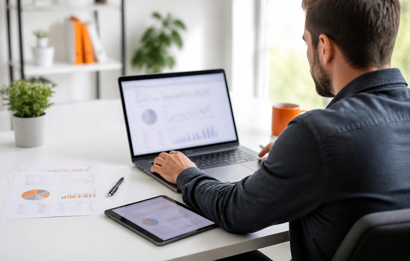 Performance marketer reviewing campaign analytics on a laptop