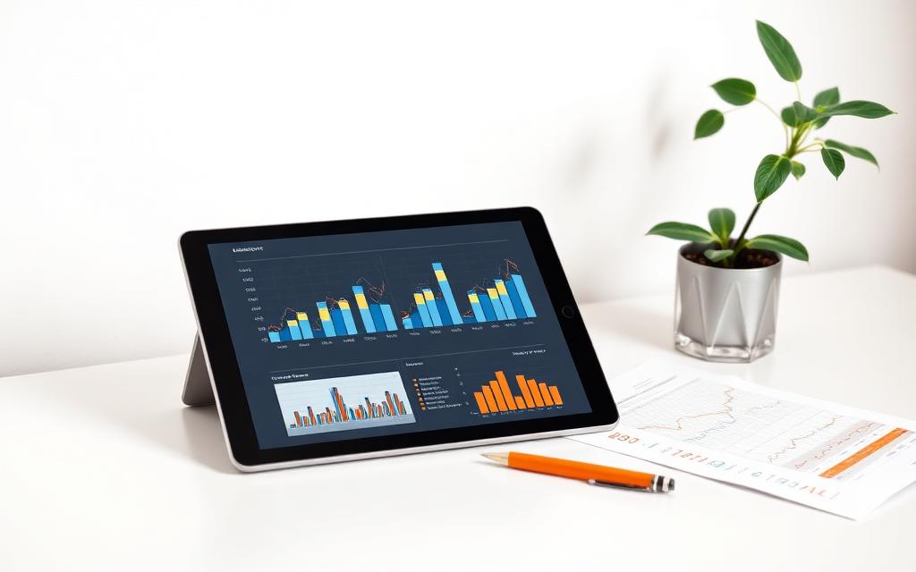 Tablet showing analytics dashboards beside printed reports