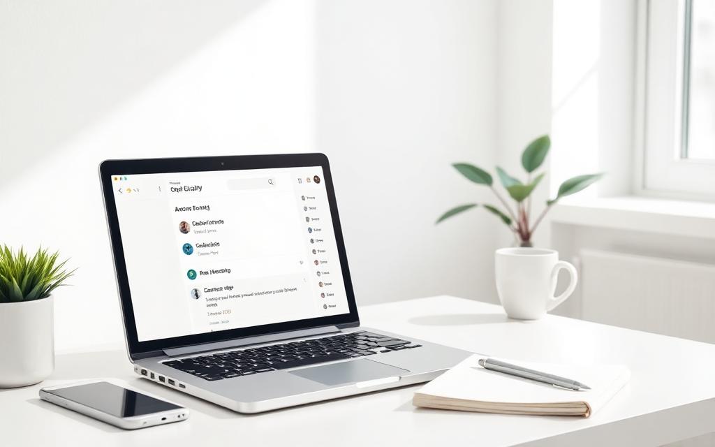 Laptop showing an email inbox and contact list on a bright desk
