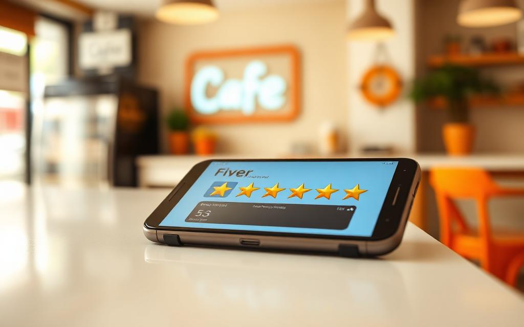 Phone showing a five-star customer review in a cafe