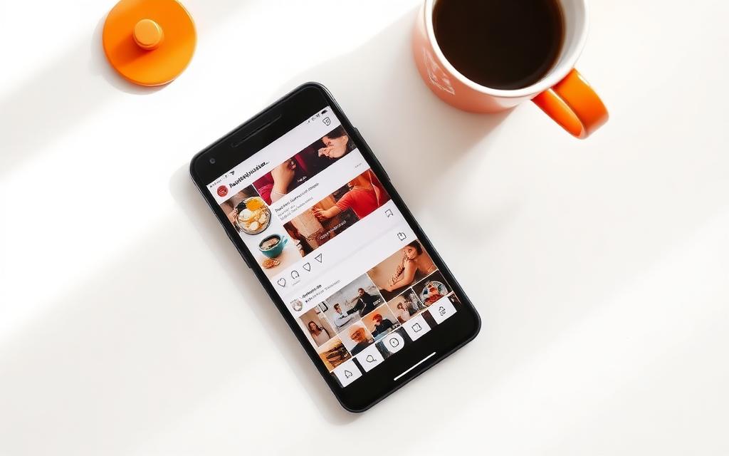 Smartphone showing a social feed on a bright desk