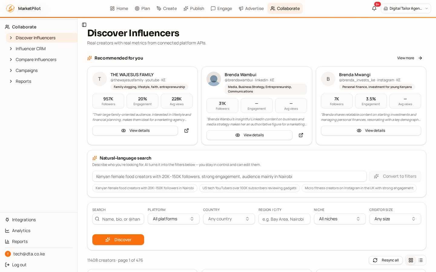 MarketPilot AI creator discovery with match scores, engagement metrics and filters