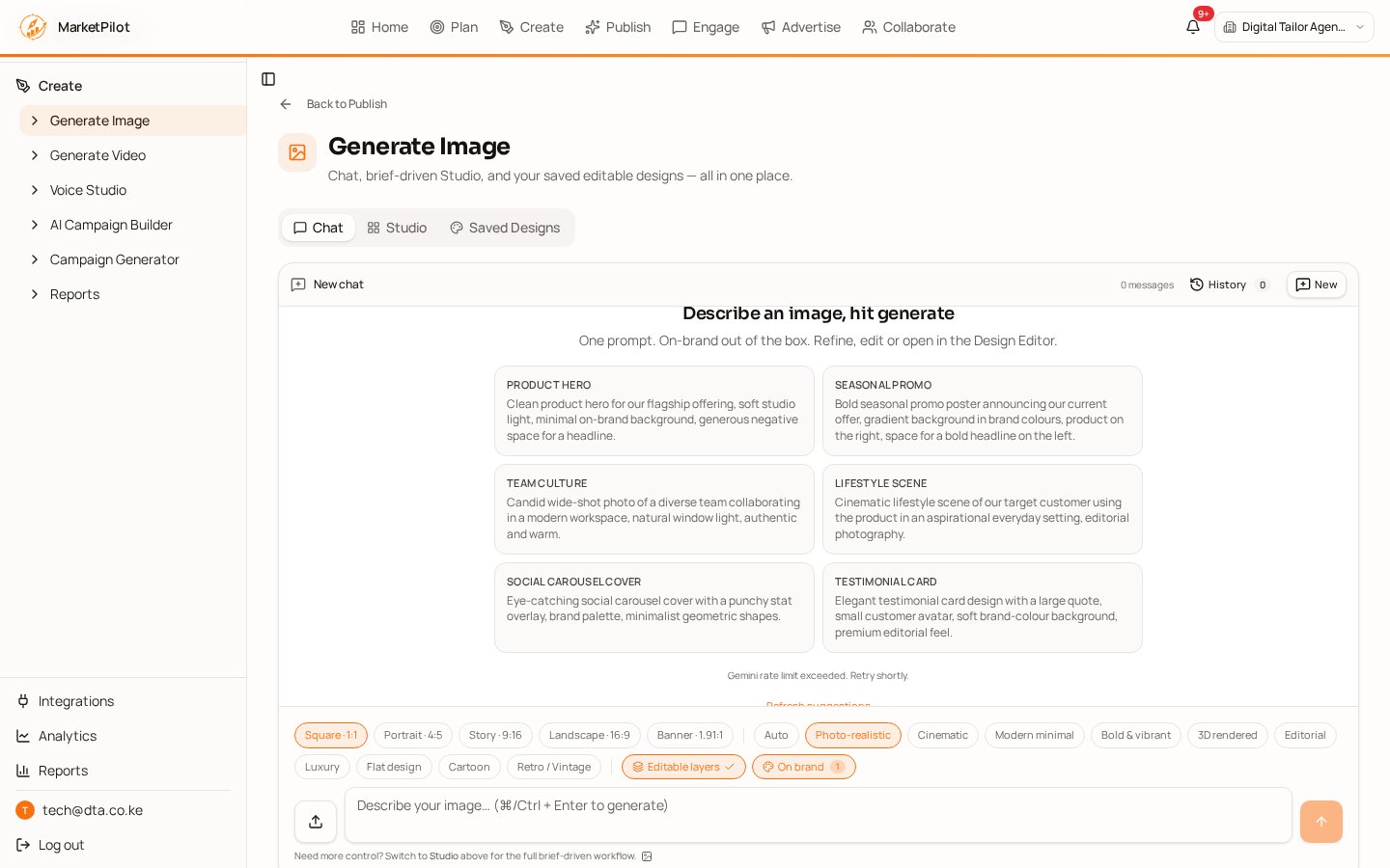 MarketPilot AI content studio with image generation, AI video and voiceover panels