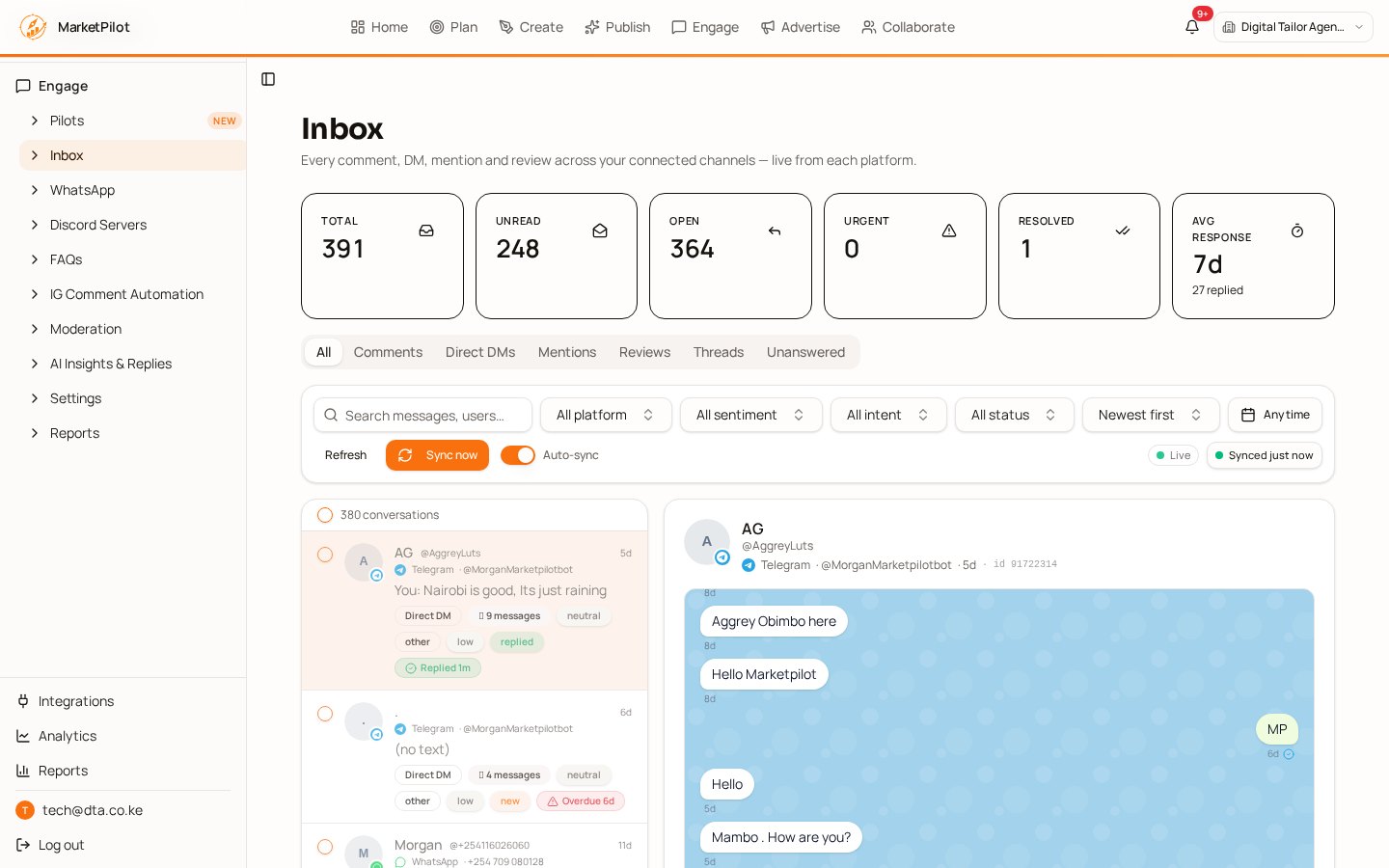 MarketPilot AI unified social inbox with AI suggested replies and conversation insights