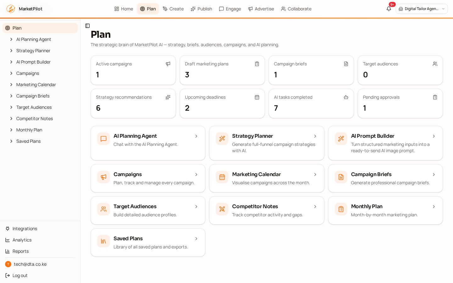 MarketPilot AI planning dashboard with marketing calendar, campaign briefs and audience segments