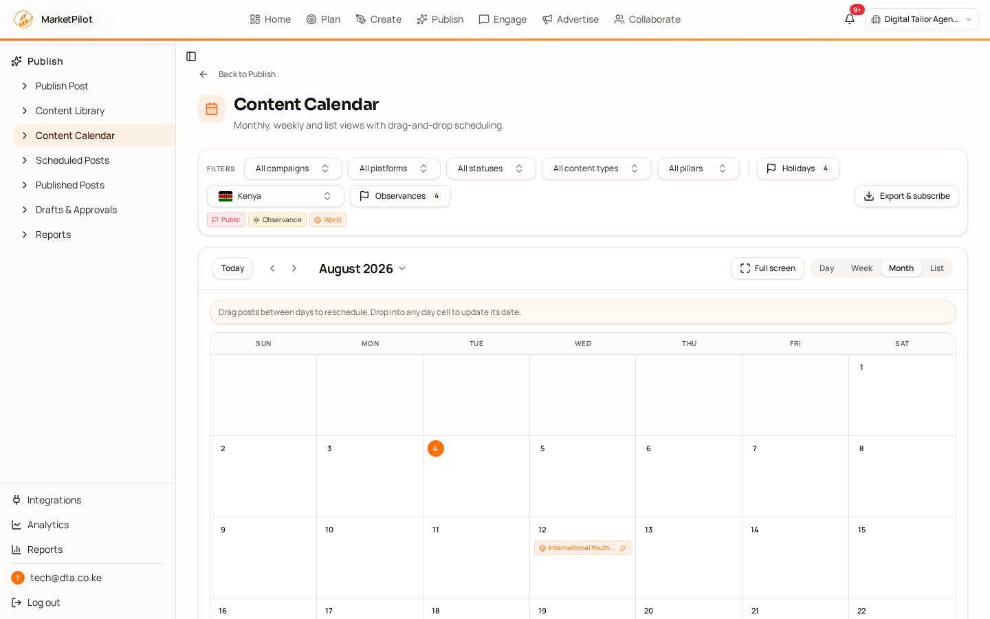 MarketPilot AI content calendar with scheduled posts and live social platform preview