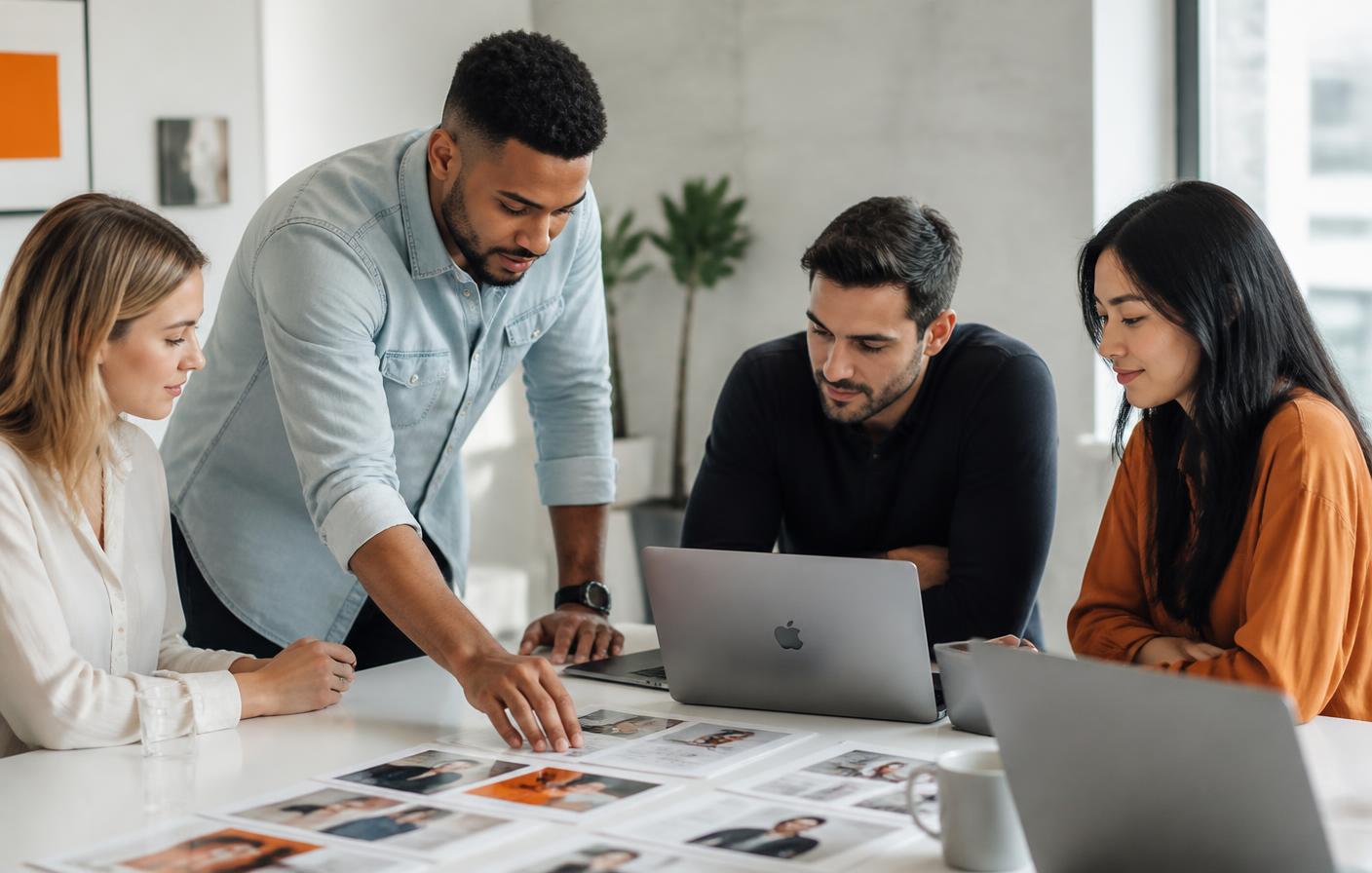 Marketing agency team reviewing campaign creative together